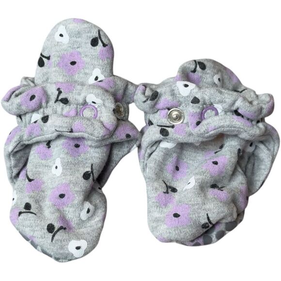 Zutano Baby Girls Cotton Gray Purple Flower Pattern Gripper Booties. 12 Months. - Picture 1 of 6